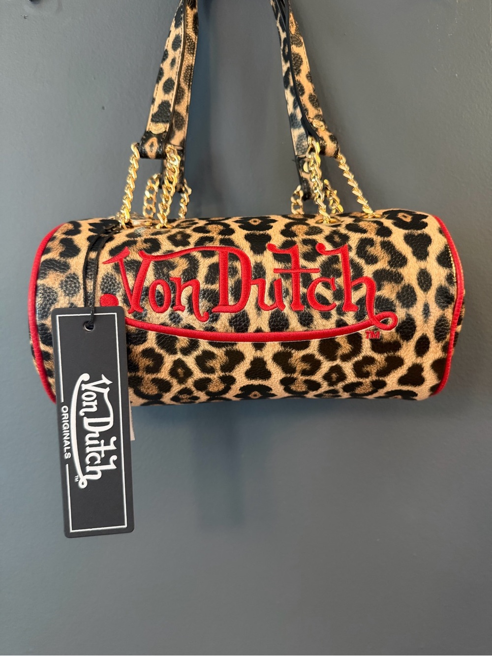 Von Dutch Leopard Print Mini Cylinder Bag in Beige, Black and Red